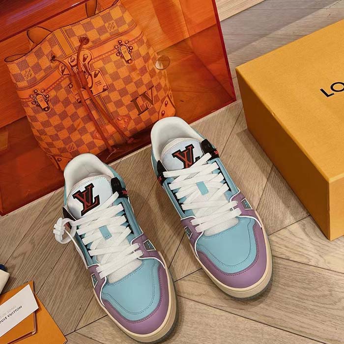 Louis Vuitton Unisex LV Trainer Sneaker Blue Vintage Effect Calf Leather Rubber Outsole