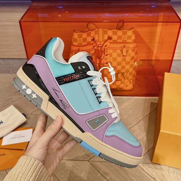 Louis Vuitton Unisex LV Trainer Sneaker Blue Vintage Effect Calf Leather Rubber Outsole