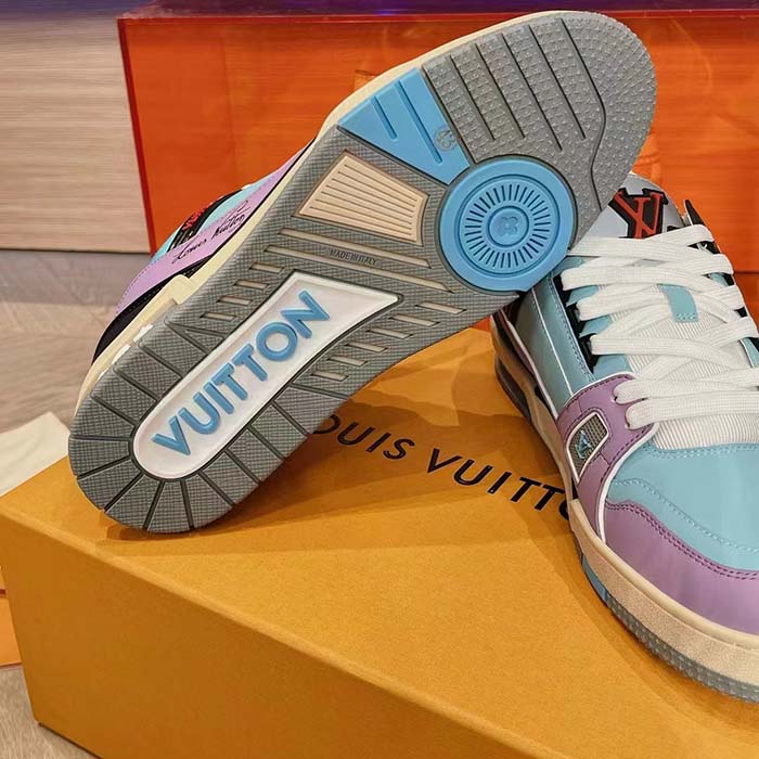 Louis Vuitton Unisex LV Trainer Sneaker Blue Vintage Effect Calf Leather Rubber Outsole