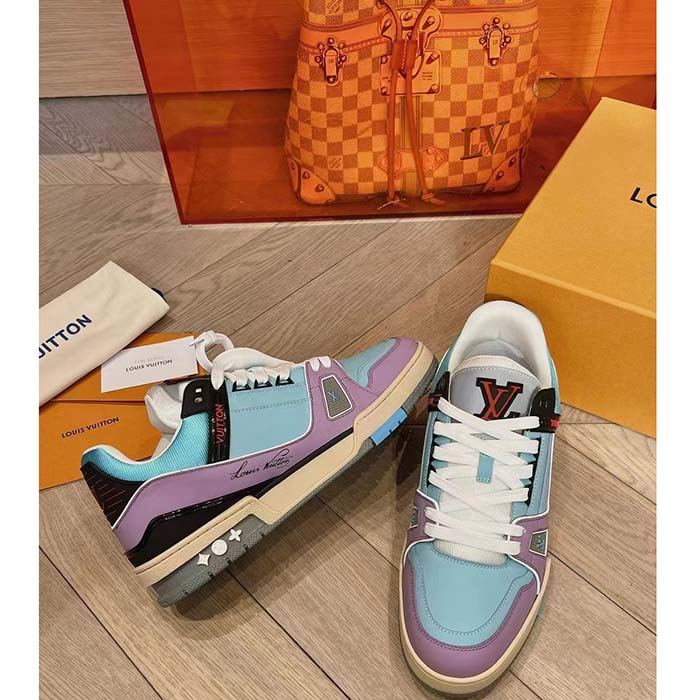Louis Vuitton Unisex LV Trainer Sneaker Blue Vintage Effect Calf Leather Rubber Outsole