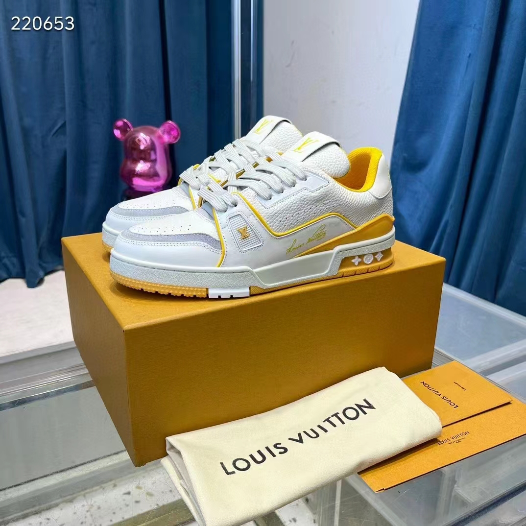 Louis Vuitton Unisex LV Trainer Sneaker Yellow Calf Leather Rubber Outsole Monogram Flowers 1ACI1J