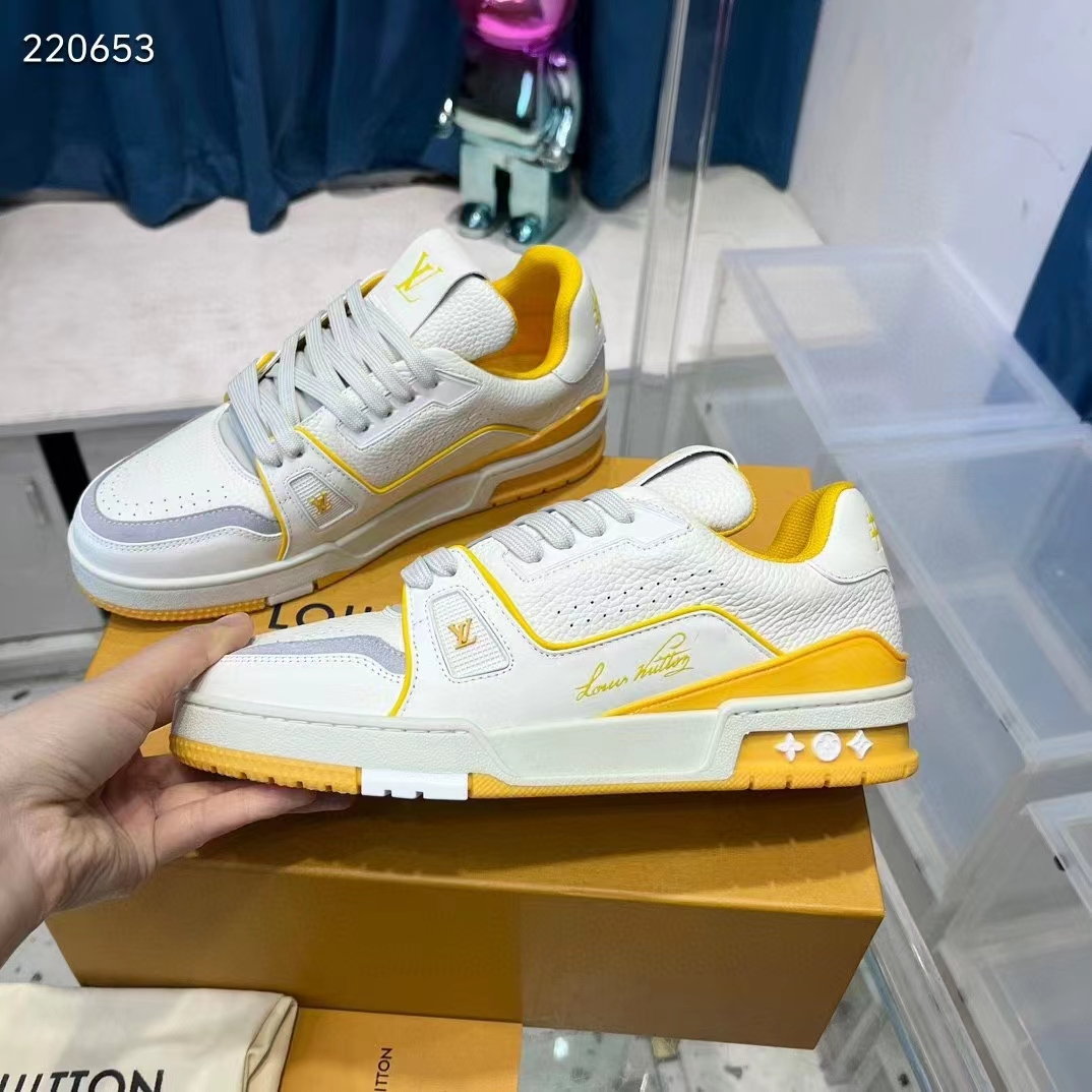 Louis Vuitton Unisex LV Trainer Sneaker Yellow Calf Leather Rubber Outsole Monogram Flowers 1ACI1J