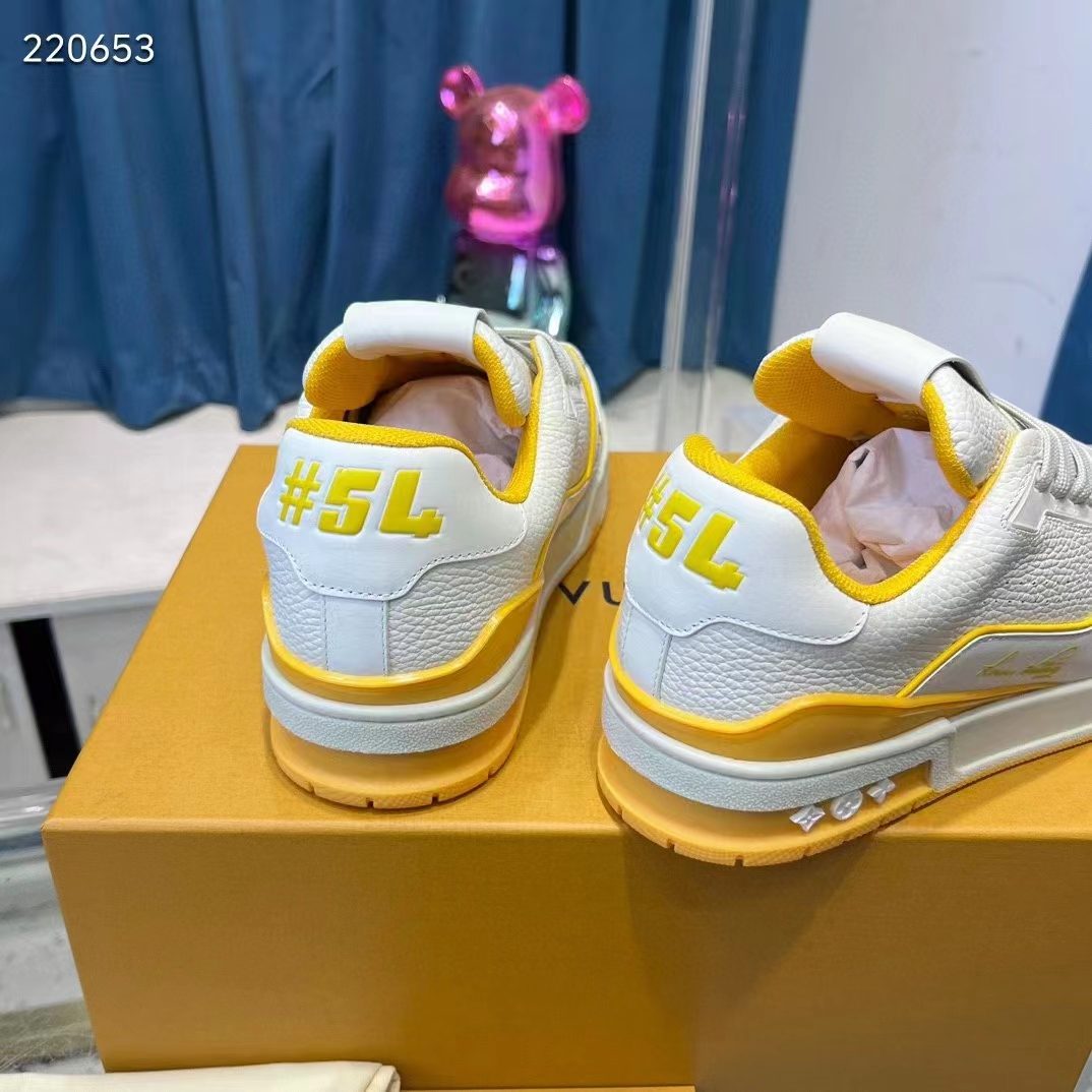 Louis Vuitton Unisex LV Trainer Sneaker Yellow Calf Leather Rubber Outsole Monogram Flowers 1ACI1J