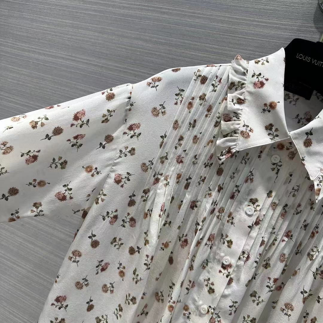 Louis Vuitton Men LV Floral Print Ruffle Collar Shirt Silk Milky White Regular Fit
