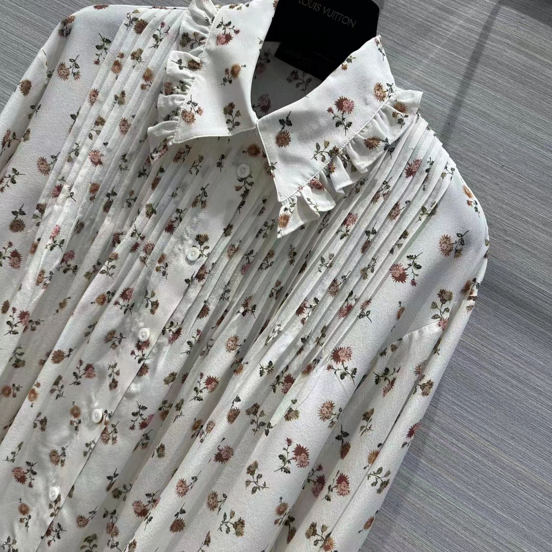 Louis Vuitton Men LV Floral Print Ruffle Collar Shirt Silk Milky White Regular Fit
