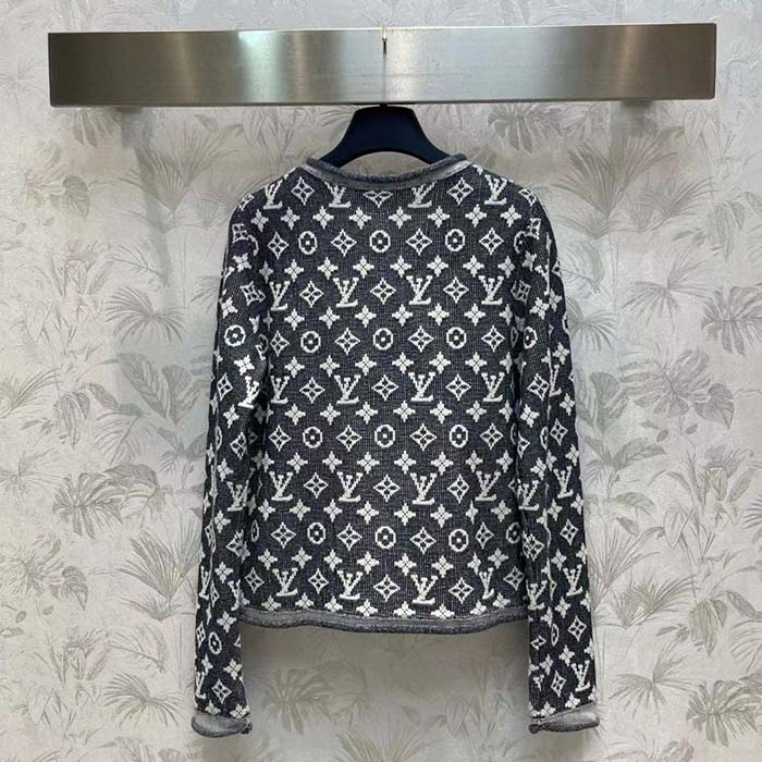 Louis Vuitton Women LV Monogram Jacquard Pullover Wool Cotton Grey Blue Regular Fit