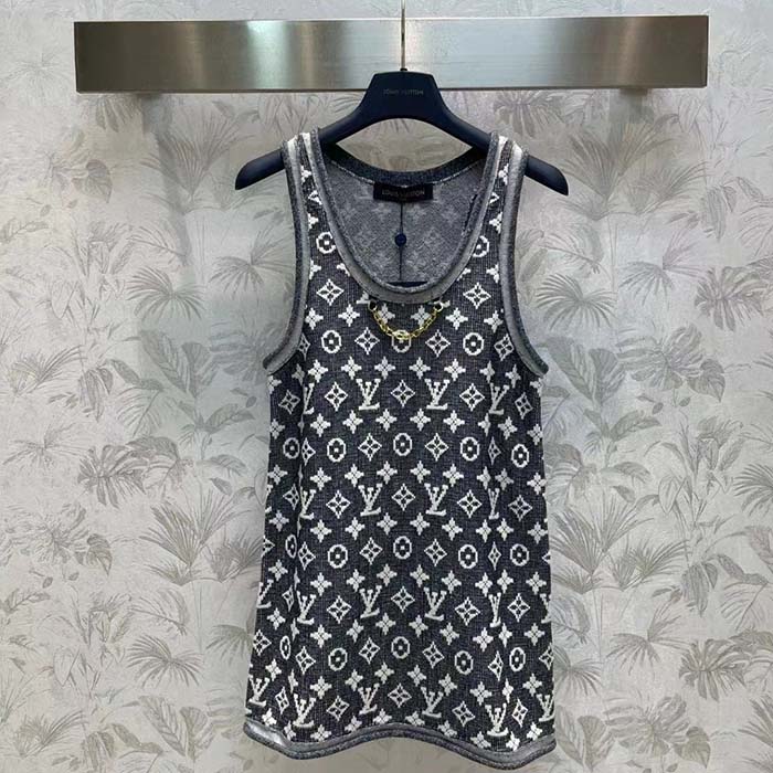 Louis Vuitton Men LV Monogram Jacquard Tank Top Wool Cotton Grey Blue Regular Fit