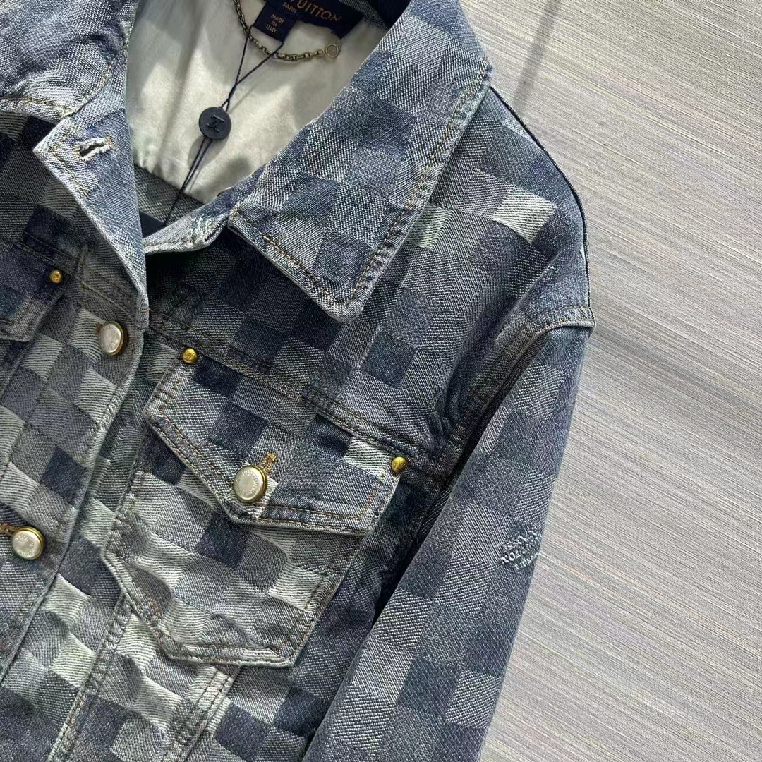 Louis Vuitton Men LV Runaway Damier Classic Denim Jacket Regular Fit Allover Damoflage Jacquard