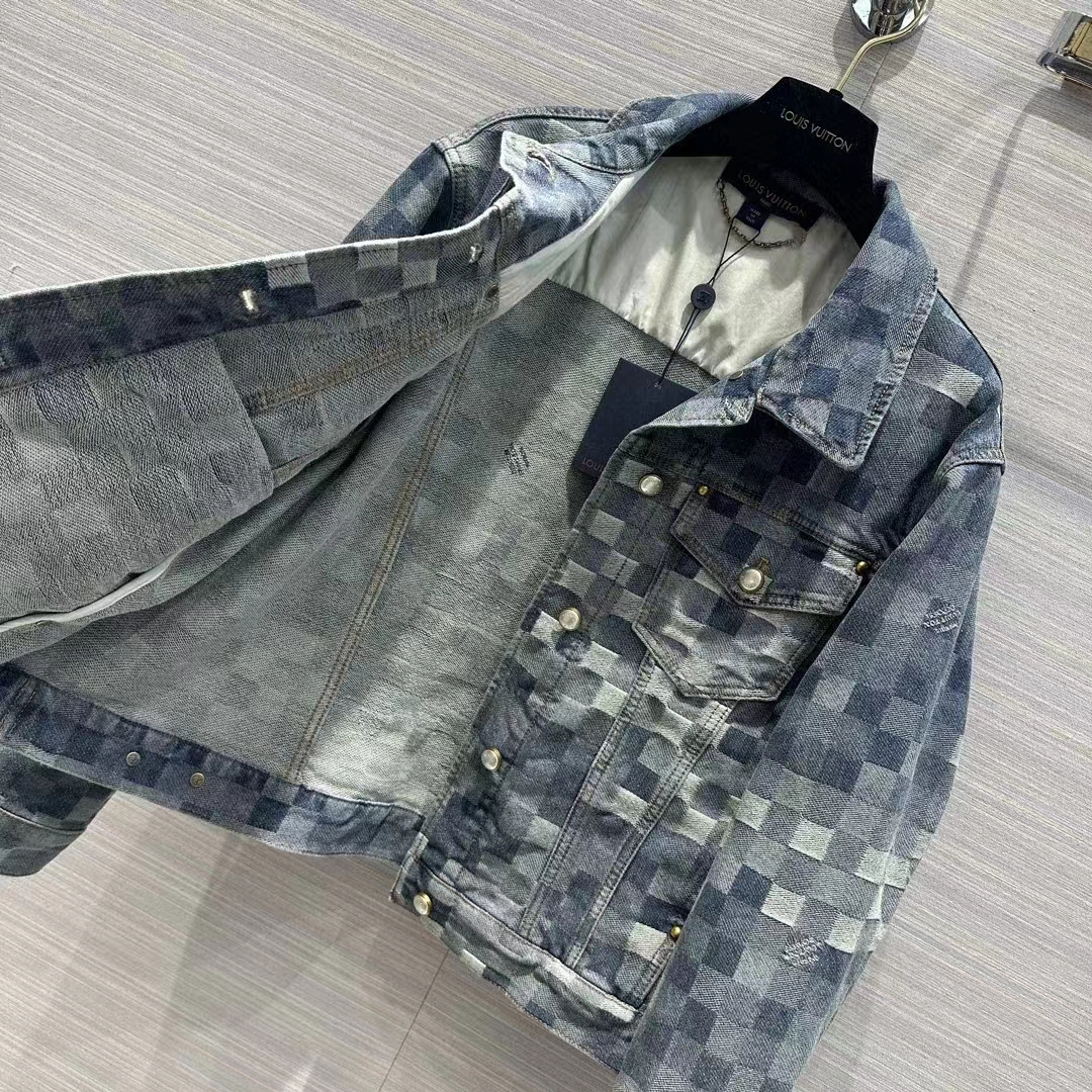 Louis Vuitton Men LV Runaway Damier Classic Denim Jacket Regular Fit Allover Damoflage Jacquard