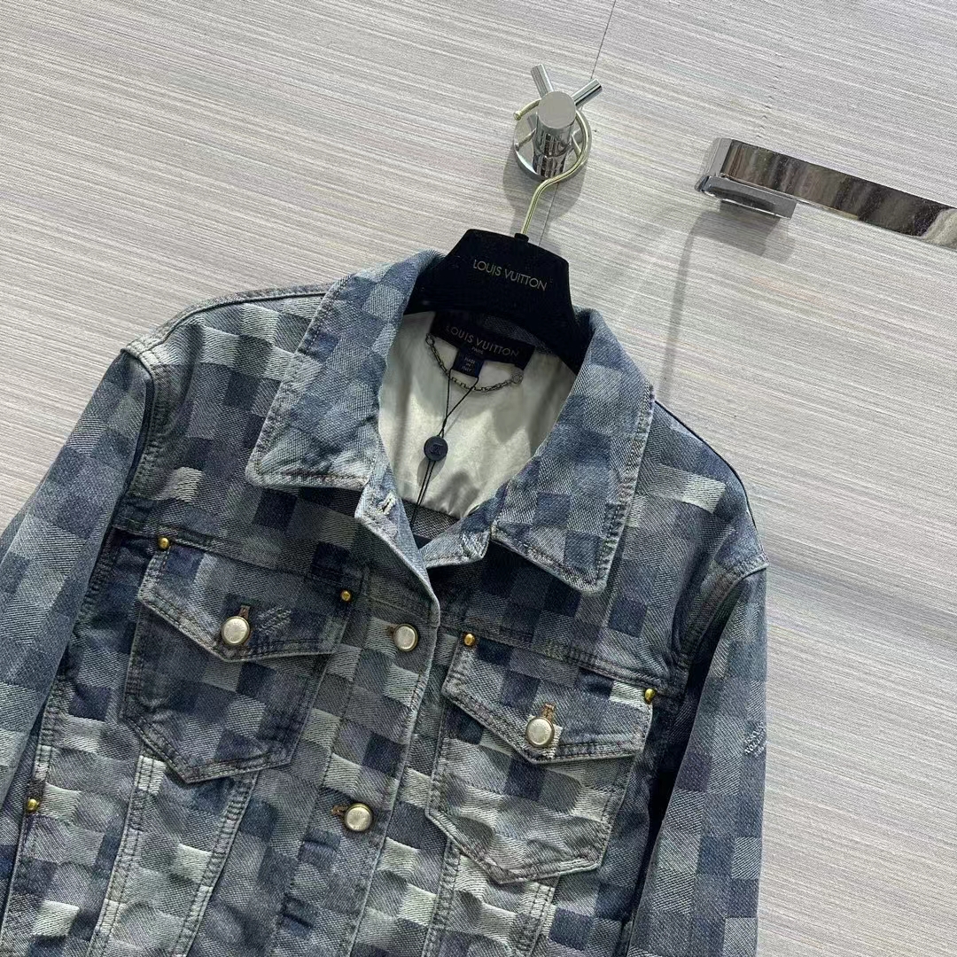 Louis Vuitton Men LV Runaway Damier Classic Denim Jacket Regular Fit Allover Damoflage Jacquard