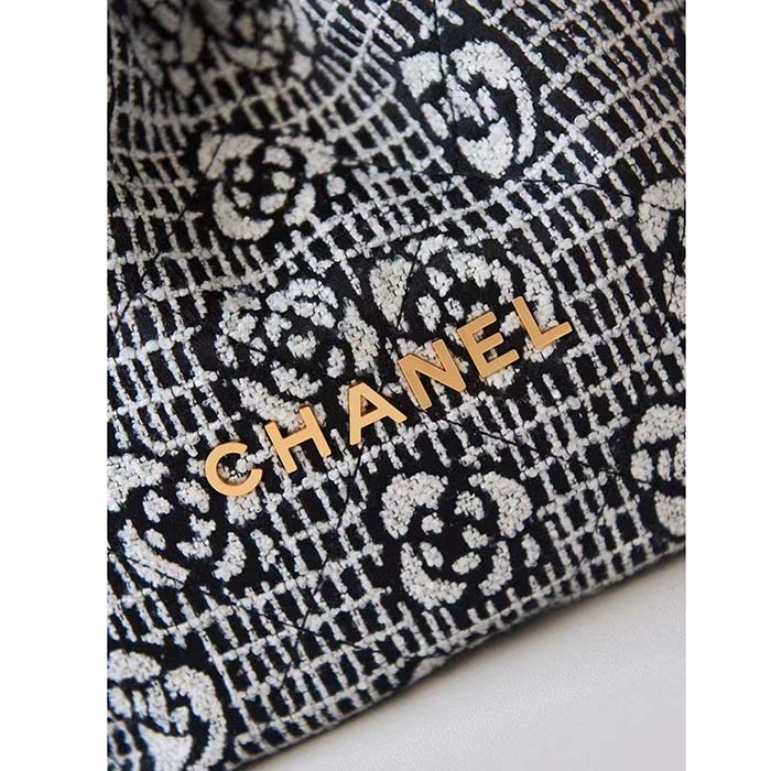 Chanel Women CC 22 Handbag Cashmere Jacquard Gold Metal Black White