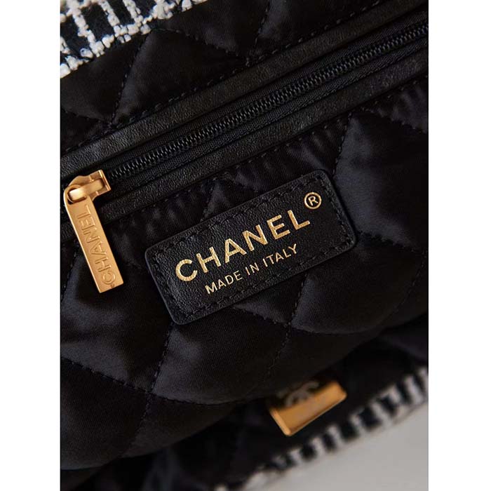 Chanel Women CC 22 Handbag Cashmere Jacquard Gold Metal Black White