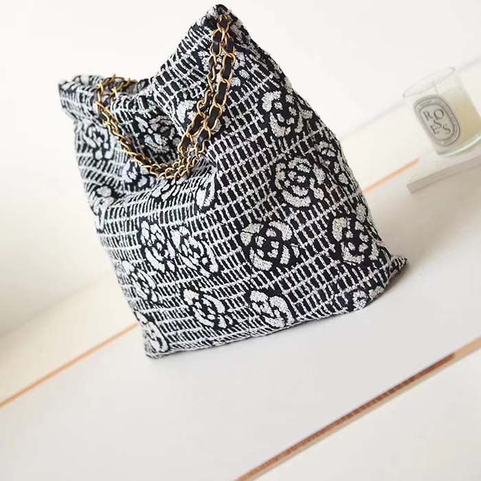Chanel Women CC 22 Handbag Cashmere Jacquard Gold Metal Black White