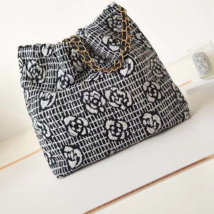 Chanel Women CC 22 Handbag Cashmere Jacquard Gold Metal Black White