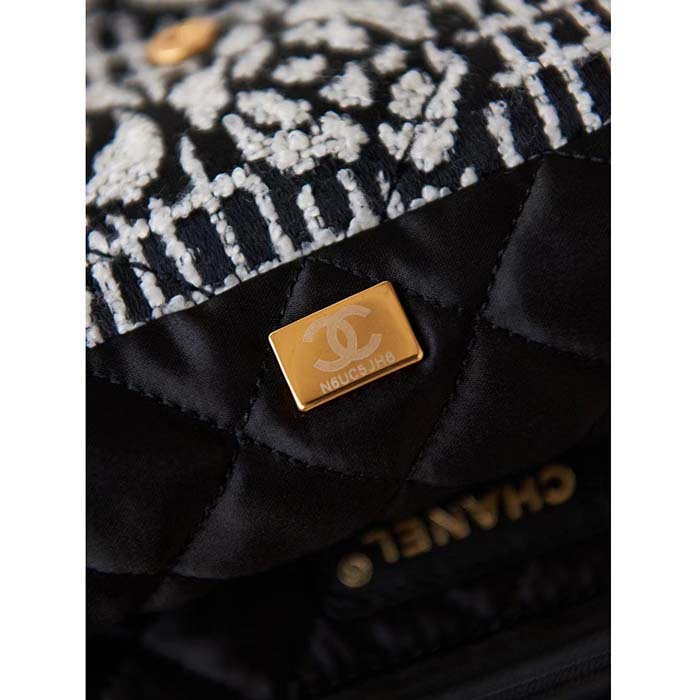 Chanel Women CC 22 Handbag Cashmere Jacquard Gold Metal Black White