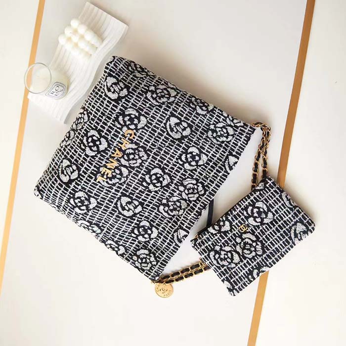 Chanel Women CC 22 Handbag Cashmere Jacquard Gold Metal Black White