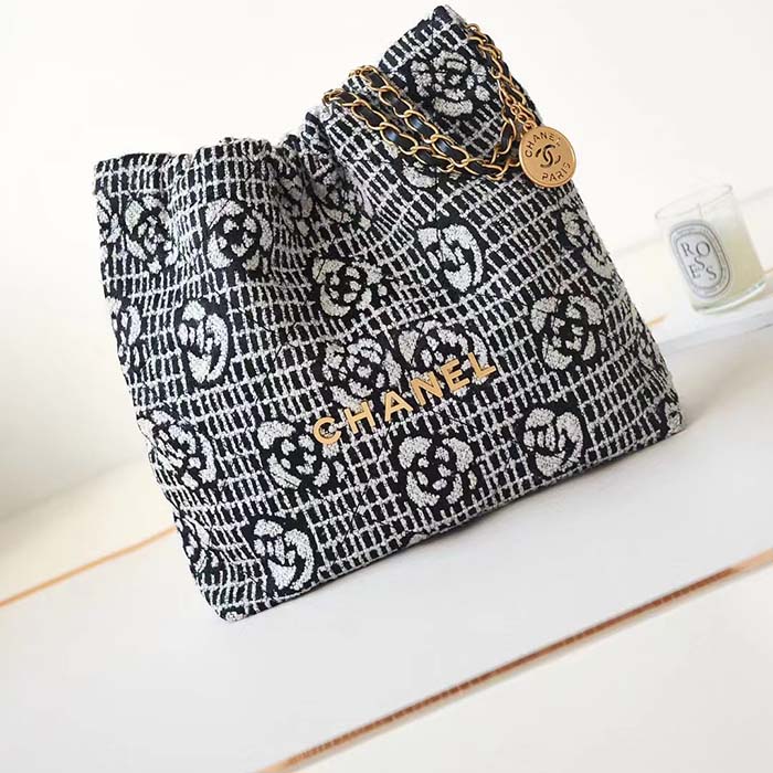 Chanel Women CC 22 Handbag Cashmere Jacquard Gold Metal Black White