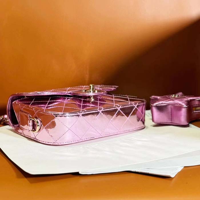 Chanel Women CC 22 Mini Flap Bag Star Coin Purse Mirror Metallic Calfskin Pink