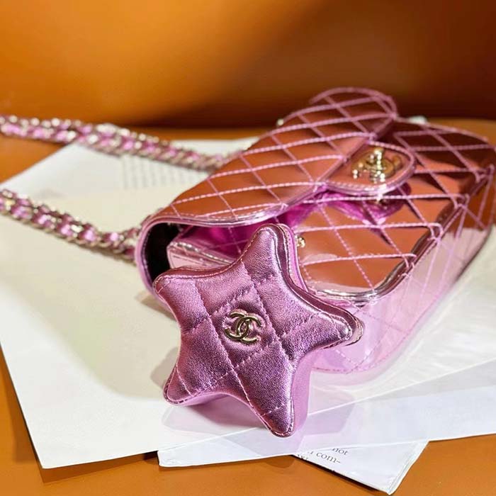 Chanel Women CC 22 Mini Flap Bag Star Coin Purse Mirror Metallic Calfskin Pink