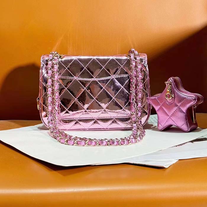 Chanel Women CC 22 Mini Flap Bag Star Coin Purse Mirror Metallic Calfskin Pink