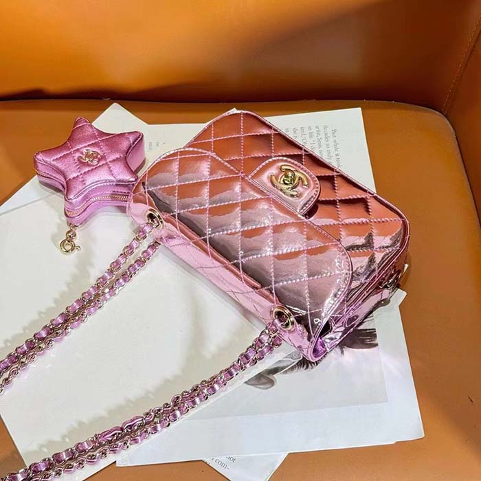 Chanel Women CC 22 Mini Flap Bag Star Coin Purse Mirror Metallic Calfskin Pink