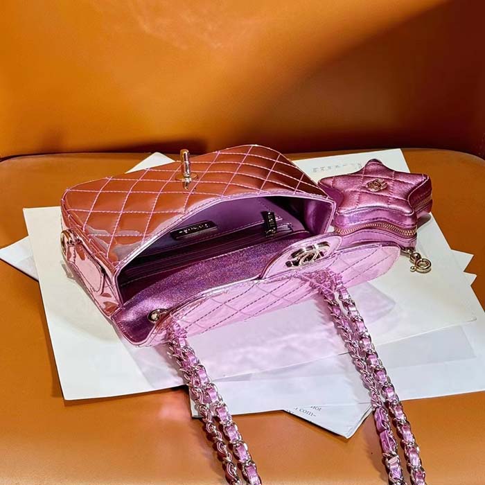 Chanel Women CC 22 Mini Flap Bag Star Coin Purse Mirror Metallic Calfskin Pink