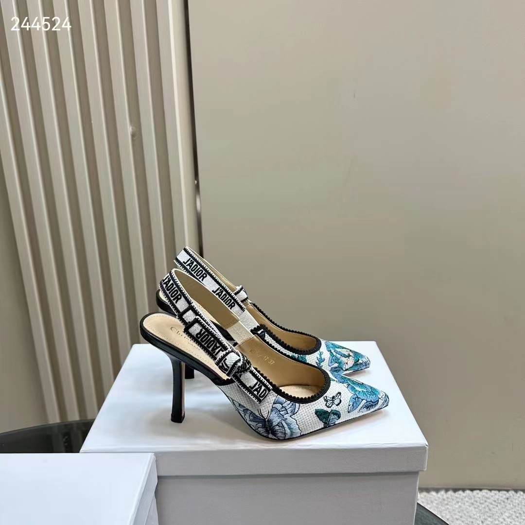 Dior CD Women J’Adior Slingback Pump Pastel Midnight Blue Multicolor Embroidered Cotton