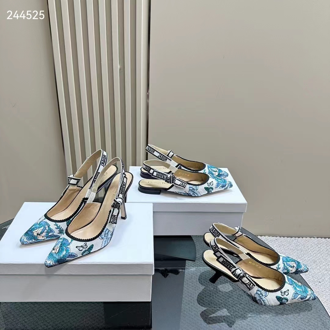 Dior CD Women J’Adior Slingback Pump Pastel Midnight Blue Multicolor Embroidered Cotton