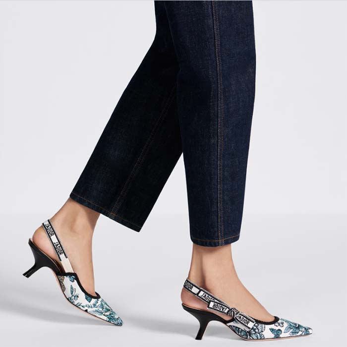 Dior CD Women J’Adior Slingback Pump Pastel Midnight Blue Multicolor Embroidered Cotton