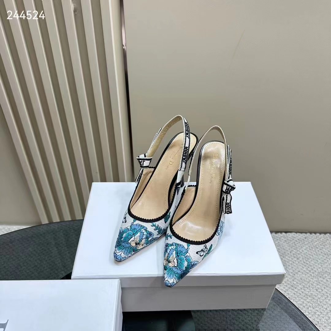 Dior CD Women J’Adior Slingback Pump Pastel Midnight Blue Multicolor Embroidered Cotton