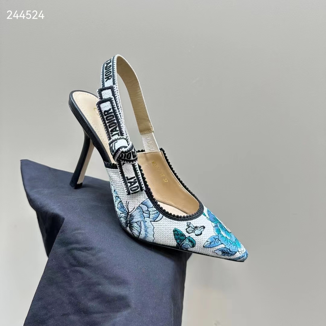 Dior CD Women J’Adior Slingback Pump Pastel Midnight Blue Multicolor Embroidered Cotton