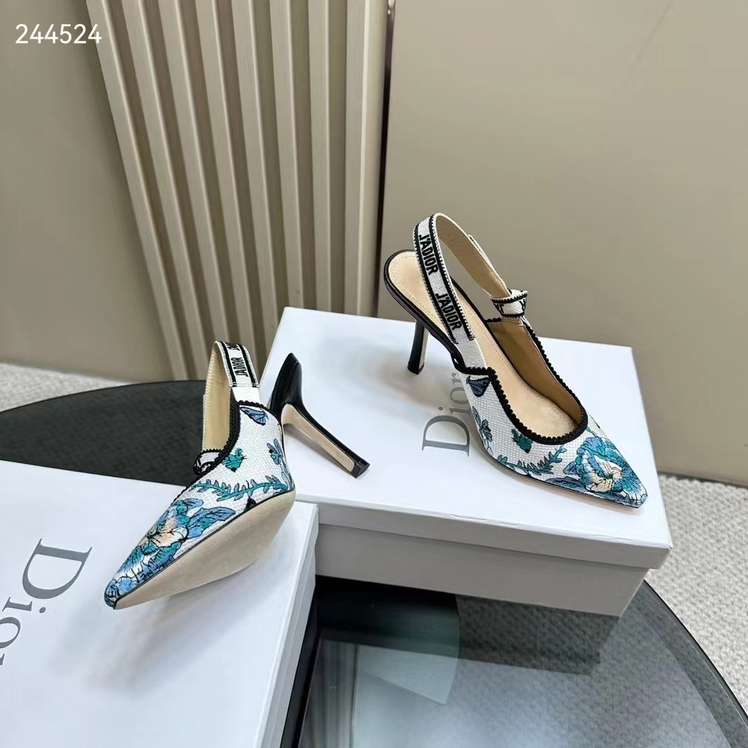 Dior CD Women J’Adior Slingback Pump Pastel Midnight Blue Multicolor Embroidered Cotton