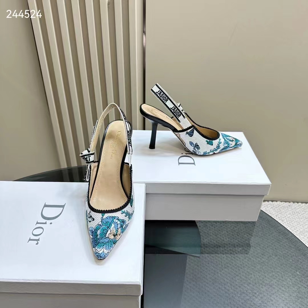 Dior CD Women J’Adior Slingback Pump Pastel Midnight Blue Multicolor Embroidered Cotton
