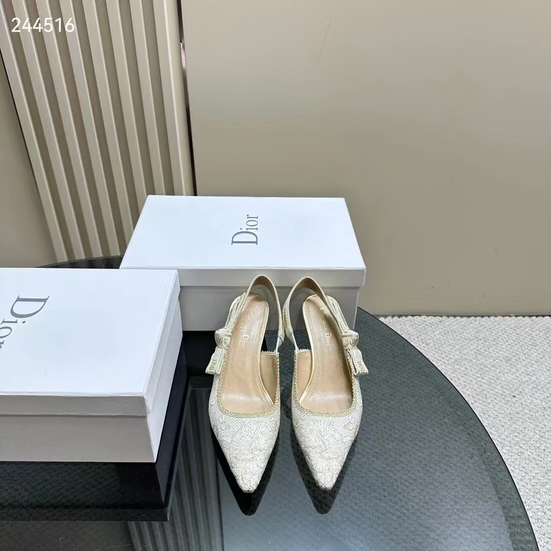 Dior CD Women J’Adior Slingback Pump White Gold-Tone Toile De Jouy Mexico Embroidered Cotton