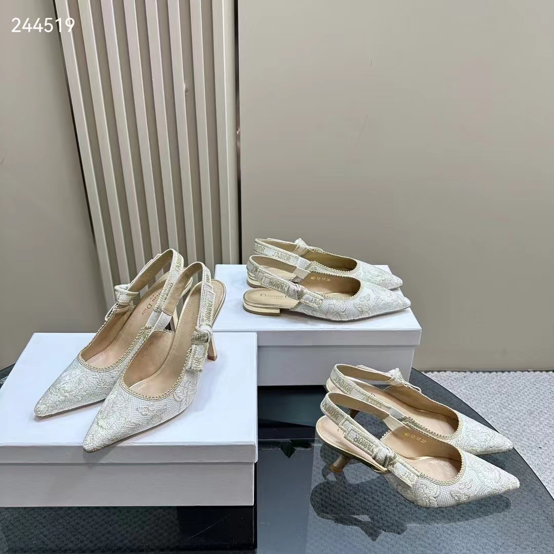 Dior CD Women J’Adior Slingback Pump White Gold-Tone Toile De Jouy Mexico Embroidered Cotton