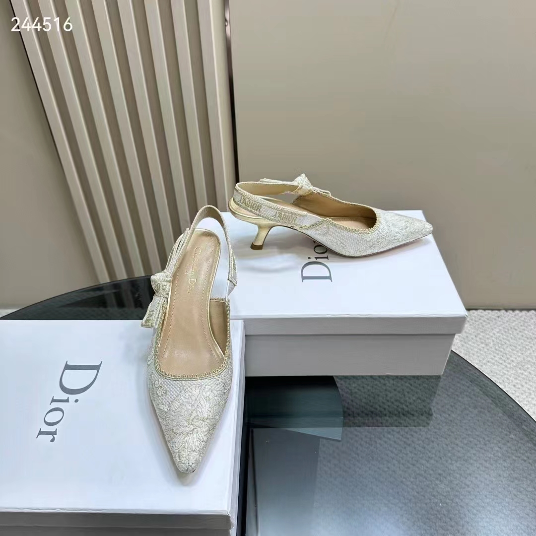 Dior CD Women J’Adior Slingback Pump White Gold-Tone Toile De Jouy Mexico Embroidered Cotton
