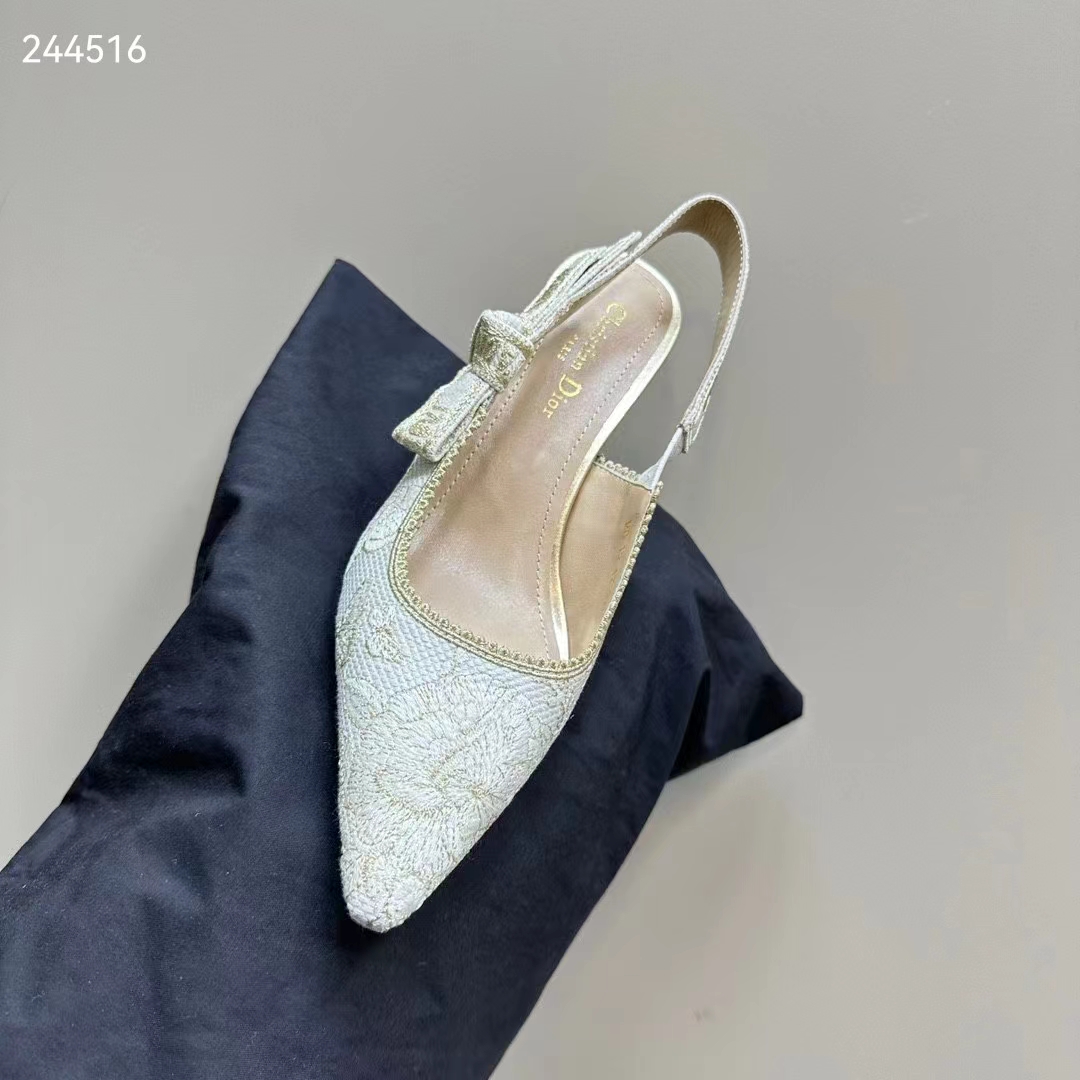 Dior CD Women J’Adior Slingback Pump White Gold-Tone Toile De Jouy Mexico Embroidered Cotton