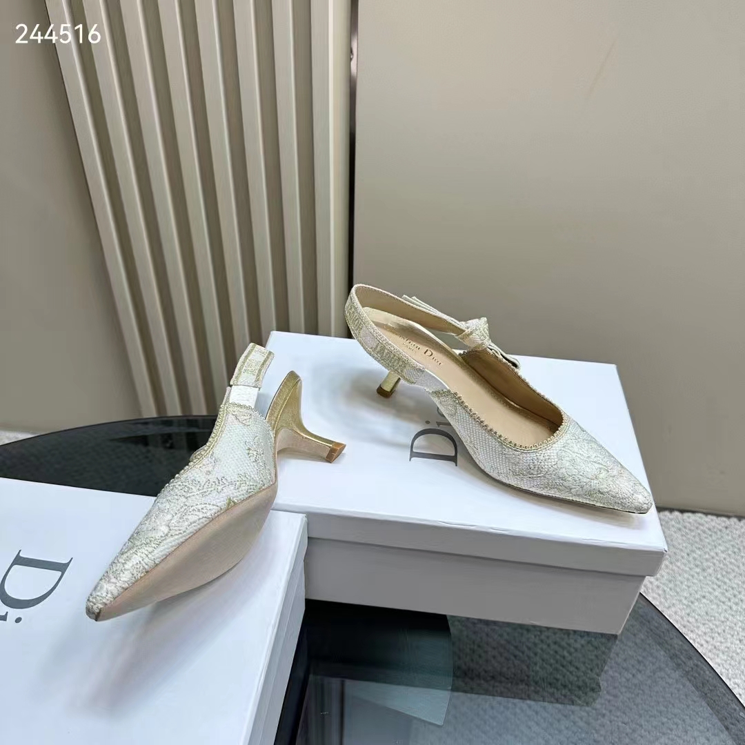 Dior CD Women J’Adior Slingback Pump White Gold-Tone Toile De Jouy Mexico Embroidered Cotton