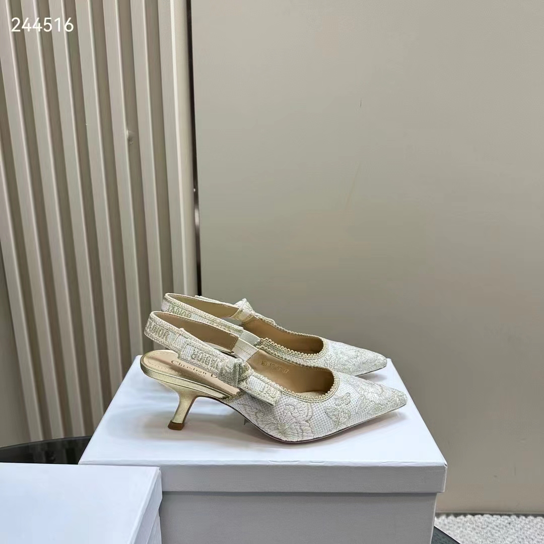 Dior CD Women J’Adior Slingback Pump White Gold-Tone Toile De Jouy Mexico Embroidered Cotton