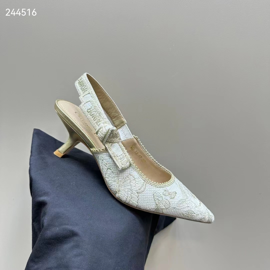 Dior CD Women J’Adior Slingback Pump White Gold-Tone Toile De Jouy Mexico Embroidered Cotton