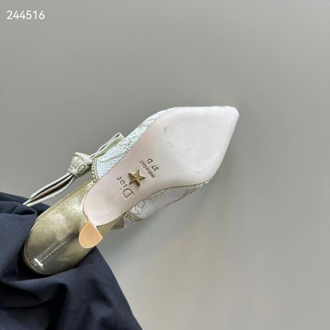 Dior CD Women J’Adior Slingback Pump White Gold-Tone Toile De Jouy Mexico Embroidered Cotton