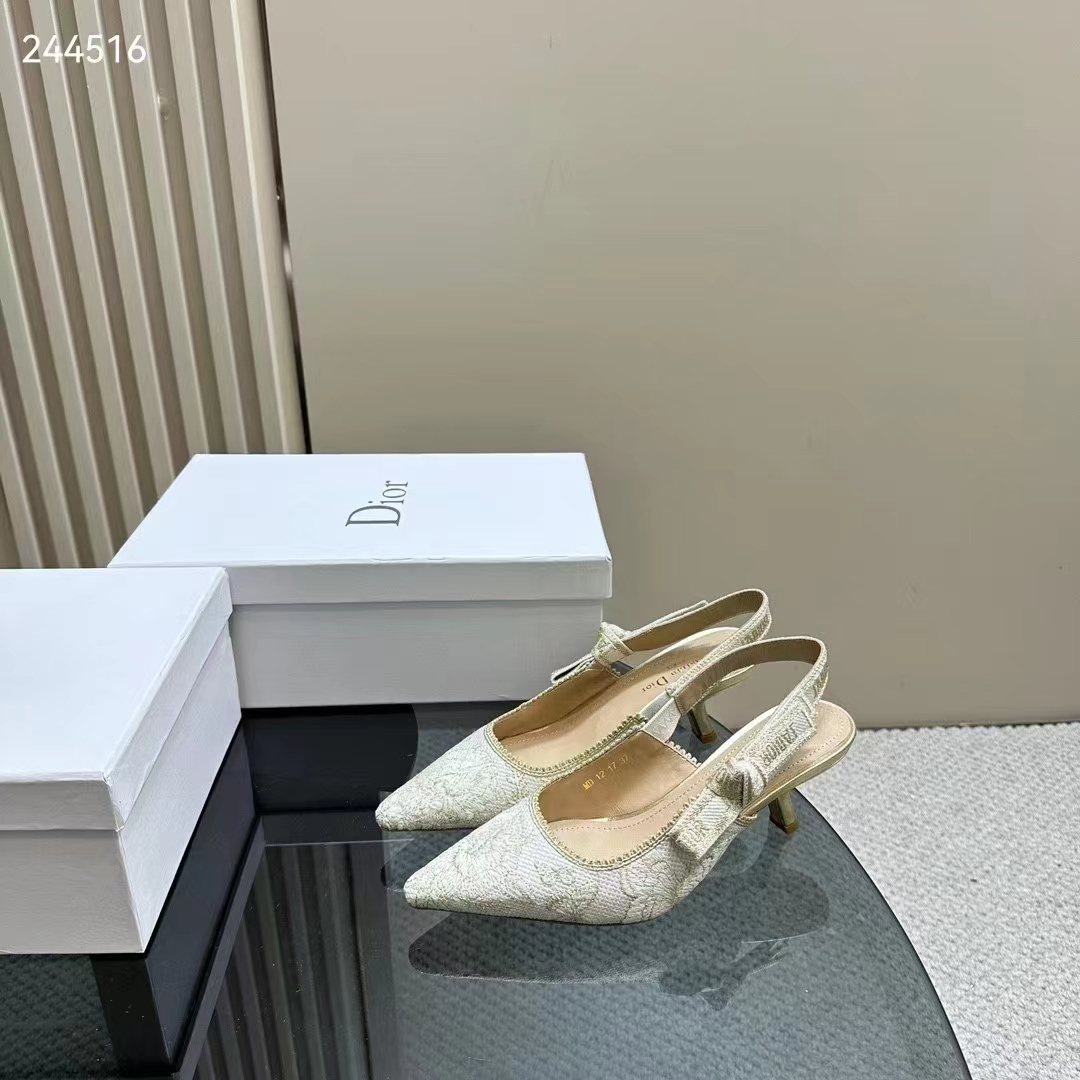 Dior CD Women J’Adior Slingback Pump White Gold-Tone Toile De Jouy Mexico Embroidered Cotton
