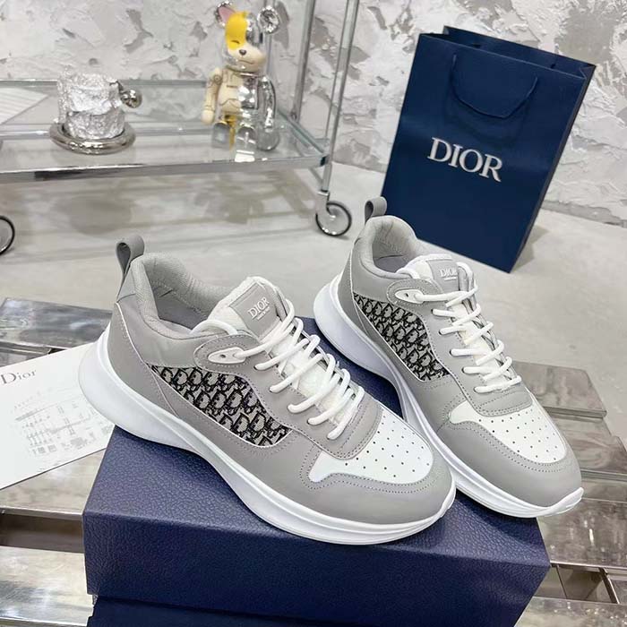 Dior Unisex B25 Runner Sneaker Grey White Smooth Calfskin Beige Black Oblique Jacquard Reference: 3SN299ZIR_H165