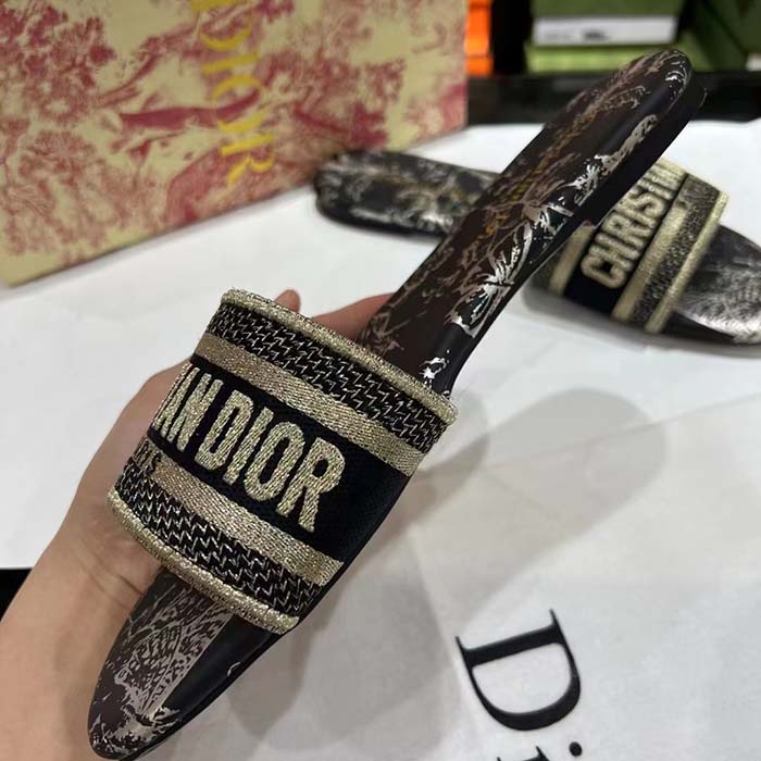 Dior Unisex CD Dway Slide Black Gold-Tone Toile De Jouy Mexico Embroidered Cotton