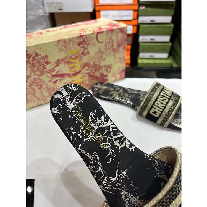 Dior Unisex CD Dway Slide Black Gold-Tone Toile De Jouy Mexico Embroidered Cotton