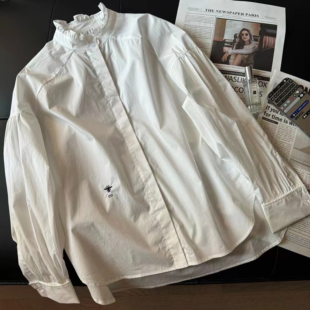Dior Men CD Blouse White Cotton Poplin Bee Loose Fit Long Sleeves