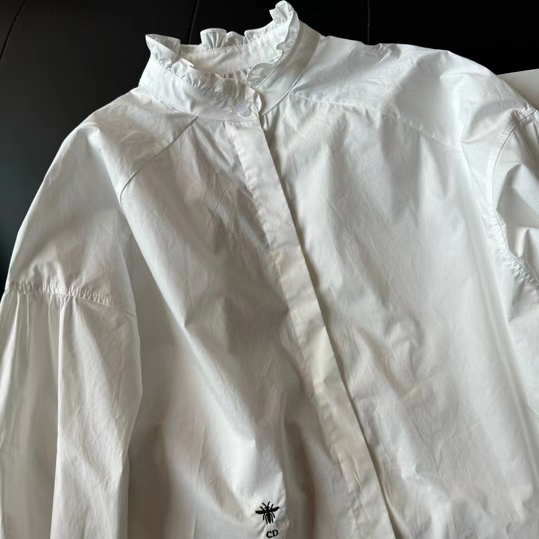 Dior Men CD Blouse White Cotton Poplin Bee Loose Fit Long Sleeves