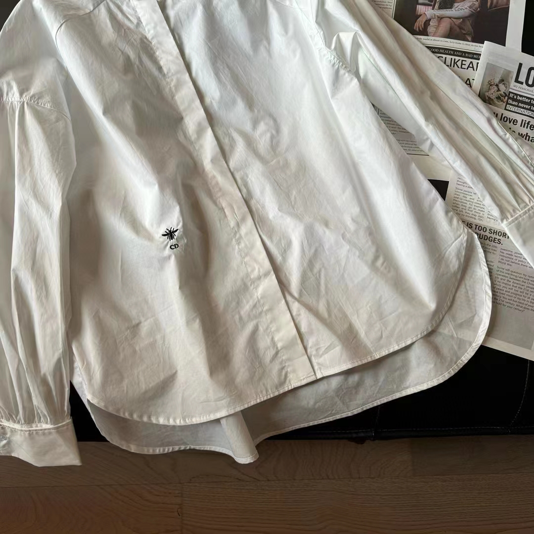 Dior Men CD Blouse White Cotton Poplin Bee Loose Fit Long Sleeves