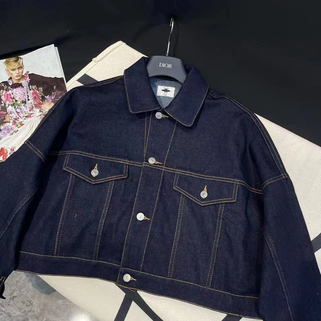 Dior Women CD Cropped Jacket Deep Blue Cotton Denim Bee Unlined