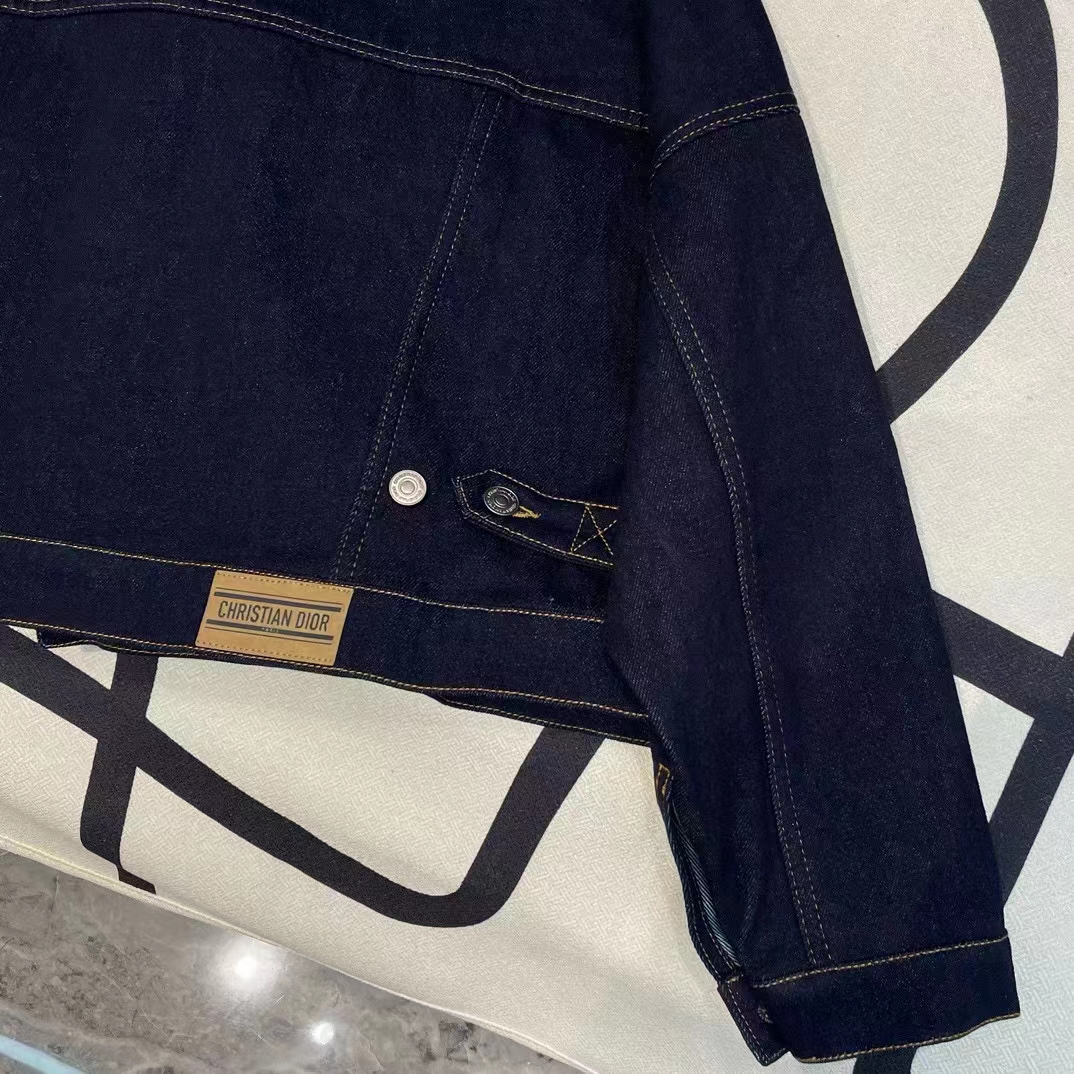Dior Women CD Cropped Jacket Deep Blue Cotton Denim Bee Unlined